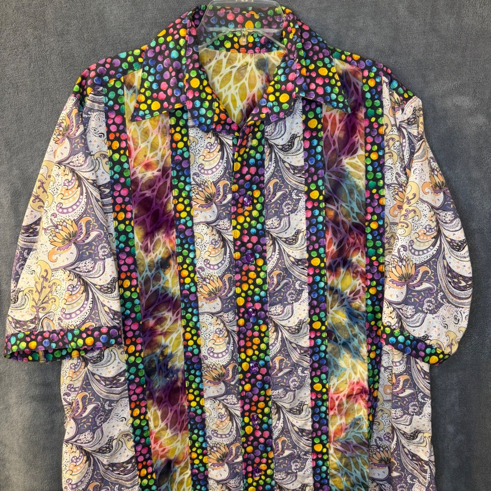 Custom Made Mens XL Psychedelic Paisley Polka Dot Rainbow Short Sleeve Shirt